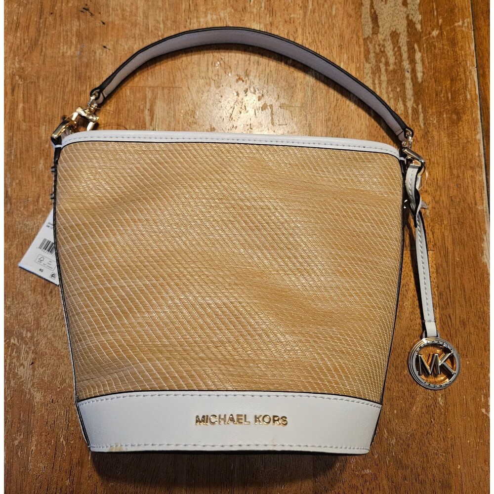 Michael Kors Purse Crossbody Bag Top Handles New White Straw Tan Gold